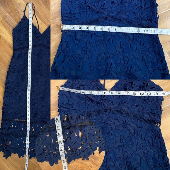 ASTR Navy Blue Floral Lace Sheath Dress Formal Wedding Cocktail Party Bodycon M - Picture 7 of 7